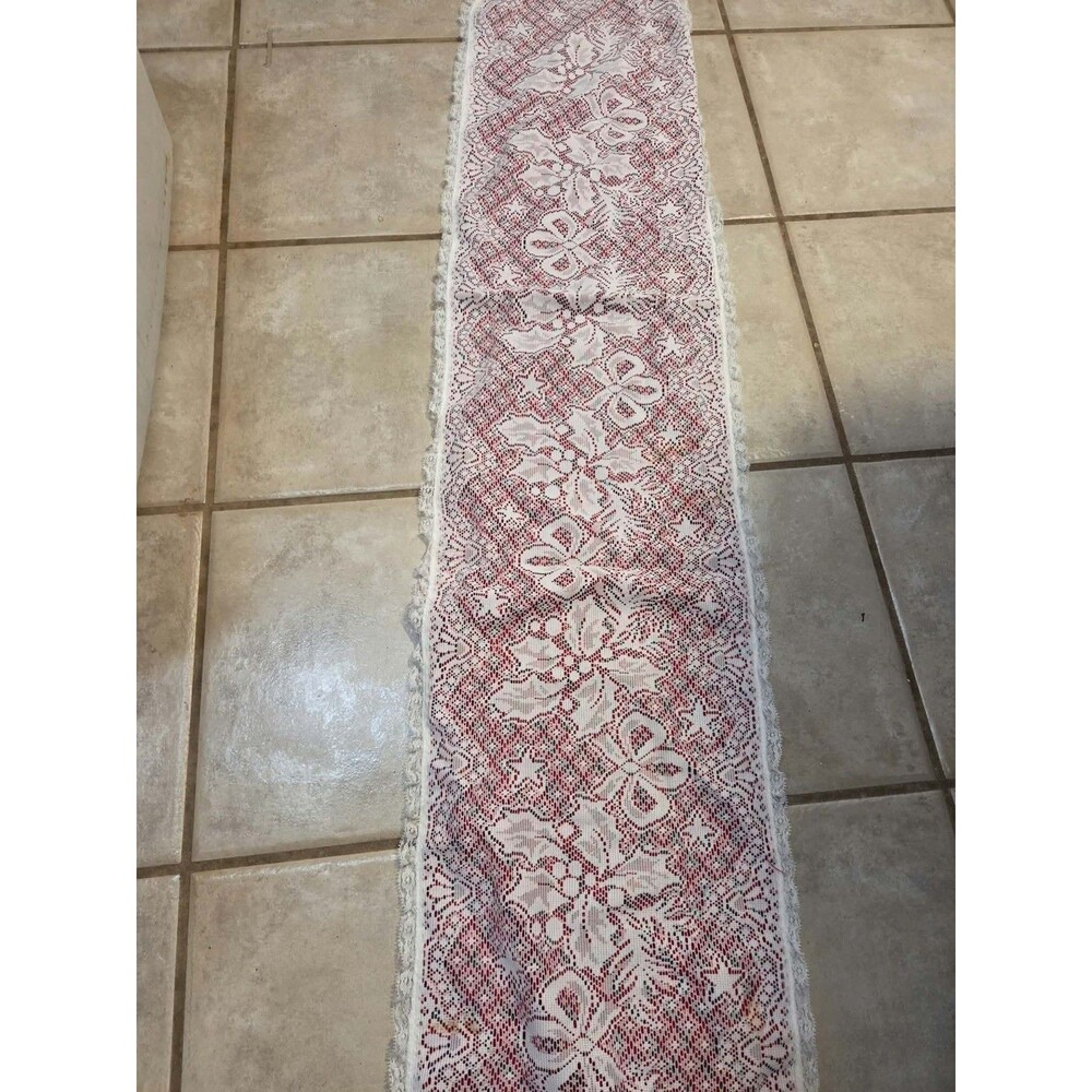 Red Lace Scarf Sash Table Runner Chantilly Fringed Handmade